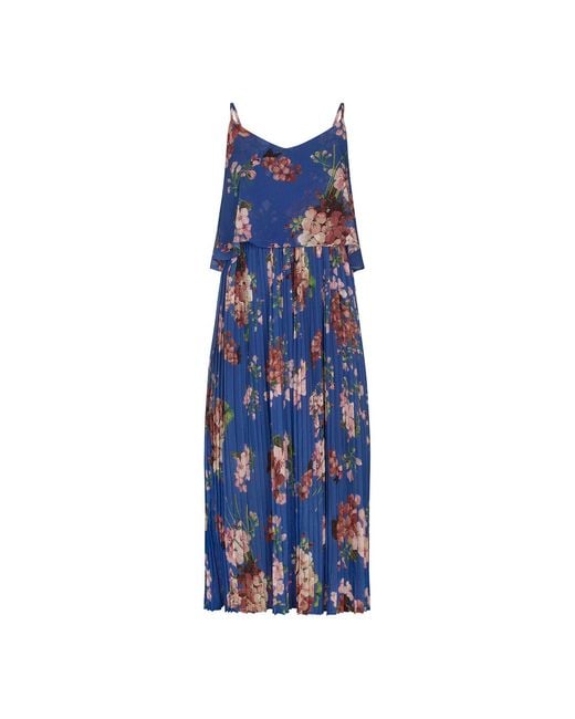 Urban Touch Blue Floral Print Pleated Cami Midi Dress