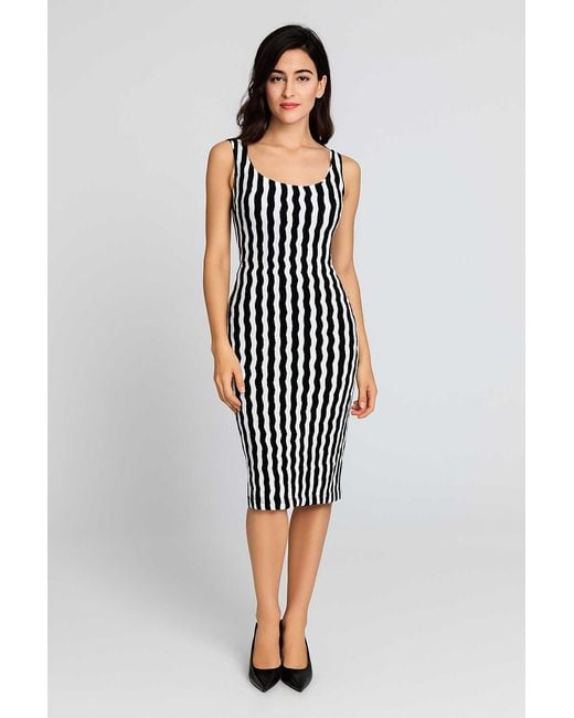 Conquista White Dark & Wavy Stripe Bodycon Dress
