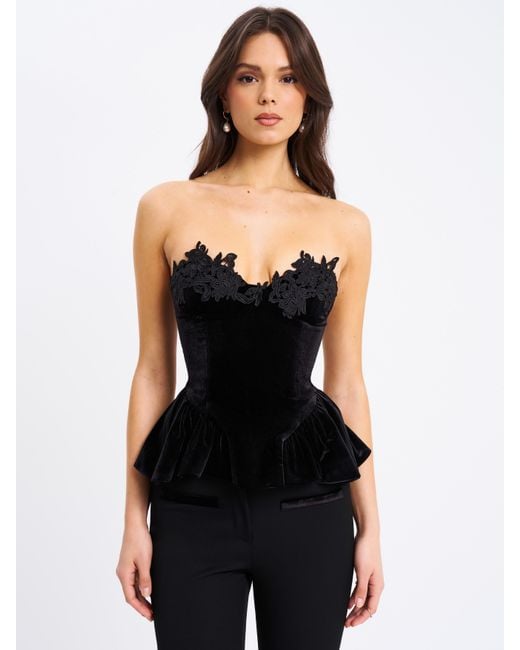 Miss Circle New York Black Qiara Velvet Peplum Top With Lace Trim