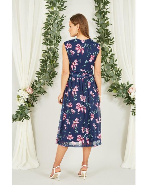 Yumi' Blue Floral Print Mesh Stretch Midi Dress With Pockets