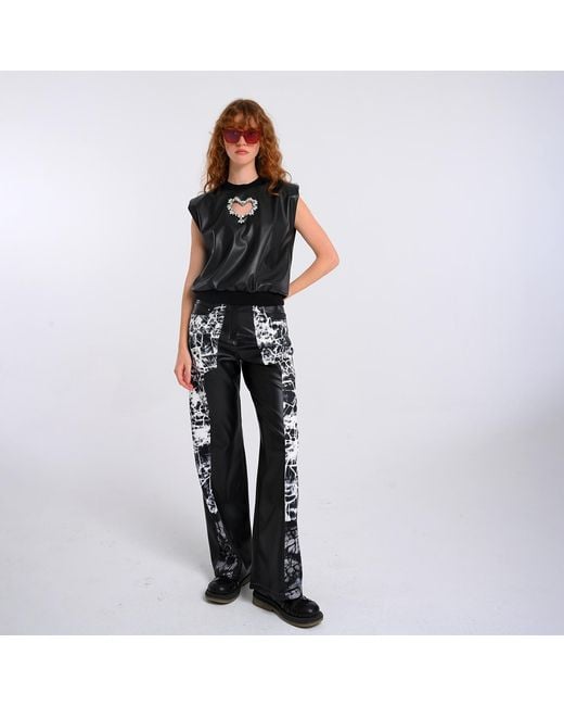 Lalipop Design Black Wide-Leg Vegan Leather Pants Panelled With Abstract Print