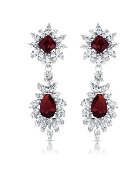 Genevive Jewelry Red Sterling Silver Two Ruby Cubic Zirconia Dangling Earrings