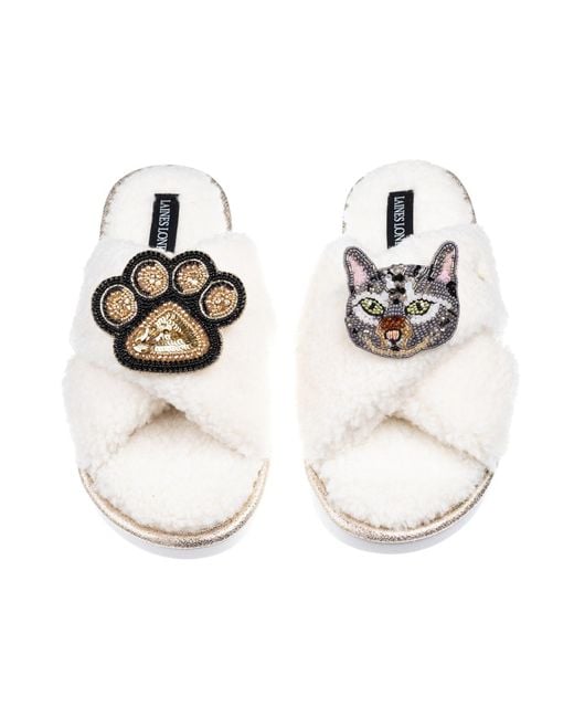 Laines London Metallic Neutrals Laines Neutral Boucle Slippers With Cat & Paw Brooches