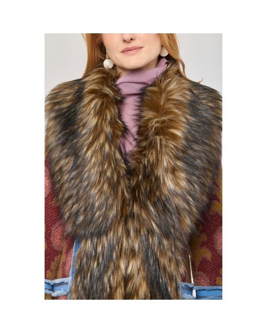 The Extreme Collection Brown Multicolour Long Knit Coat With Faux Fur Piper