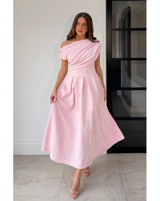 Girl In Mind Pink Betty Asymmetric Neckline Skater Midi