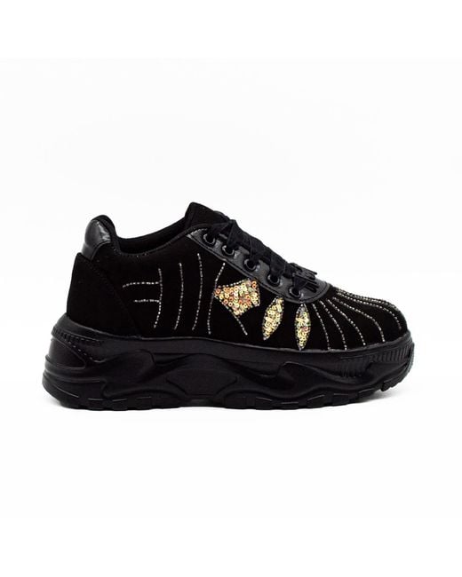 Rettrose Black Clara Luxury Noir Suede Handmade Embellished Trainers