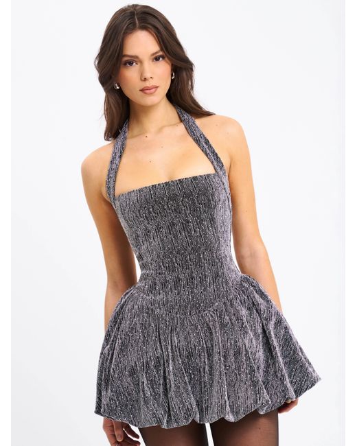 Miss Circle New York Gray Naomie Crystal Embellished Bubble Hem Halter Mini Dress