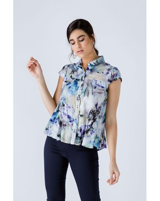 Conquista Blue Floral Cap Sleeve Shirt