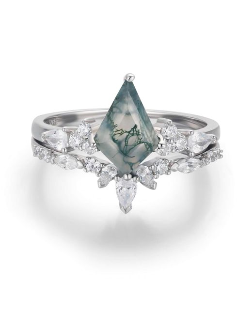Azura Jewelry Metallic Nebula Nights Moss Agate Ring Set White Gold Vermeil