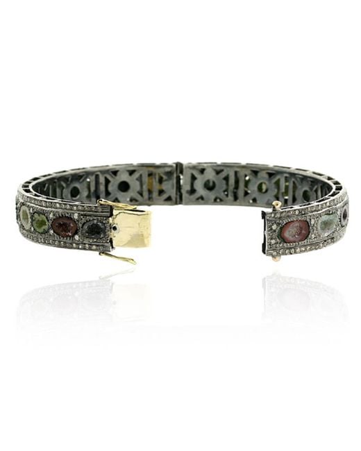 Artisan Green 18k Solid Gold & 925 Sterling Silver With Geode Pave Diamond Antique Bangle