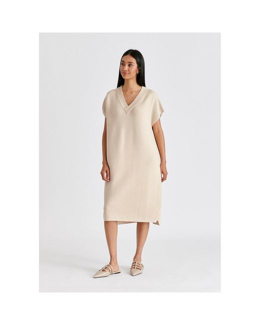 Paisie Natural Neutrals V-Neck Sleeveless Ribbed Jumper Dress