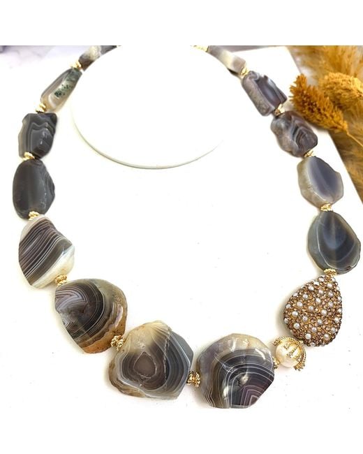 Farra Gray Irregular Agate With Pearl Rhinestone Necklace