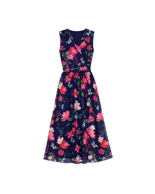 Yumi' Blue Blurred Floral Print Mesh Stretch Midi Dress With Pockets