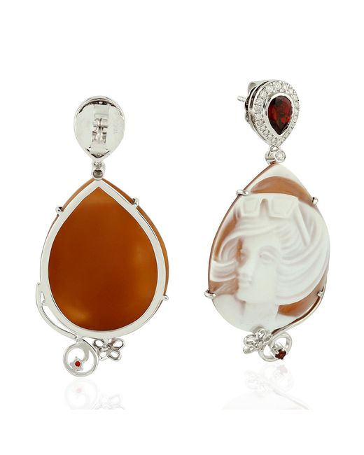 Artisan Metallic 18k White Gold Natural Diamond Red Garnet Carving Shell Cameos Dangle Earrings Jewelry