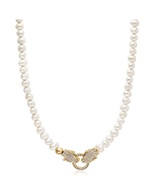 Nialaya Metallic Pearl Choker With Double Panther Head In Gold for men