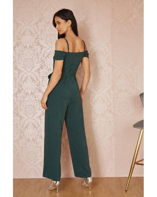Yumi' Green Sparkle Stretch Bardot Jumpsuit
