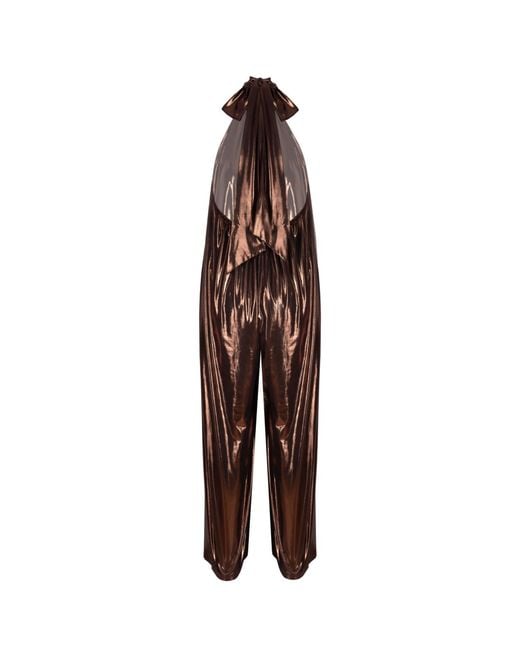 NALÈ Brown Bronze Metallic Wide Leg Halter Jumpsuit