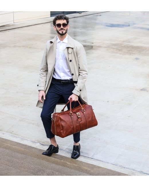 Time Resistance Brown Cognac Matte Leather Duffel Bag For for men