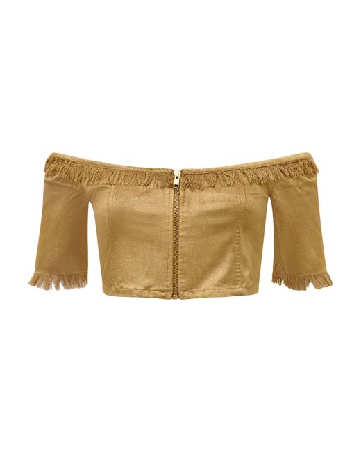 Why Mary Natural Off The Shoulder Velvet Crop Top With 3/4 Sleeves