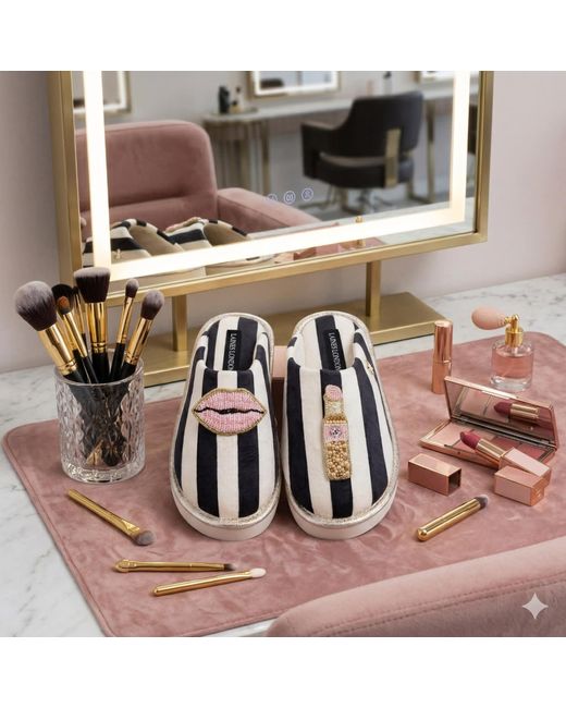 Laines London Blue Flatform Stripe Closed Toe Slippers With Lips & Lipstick Brooches