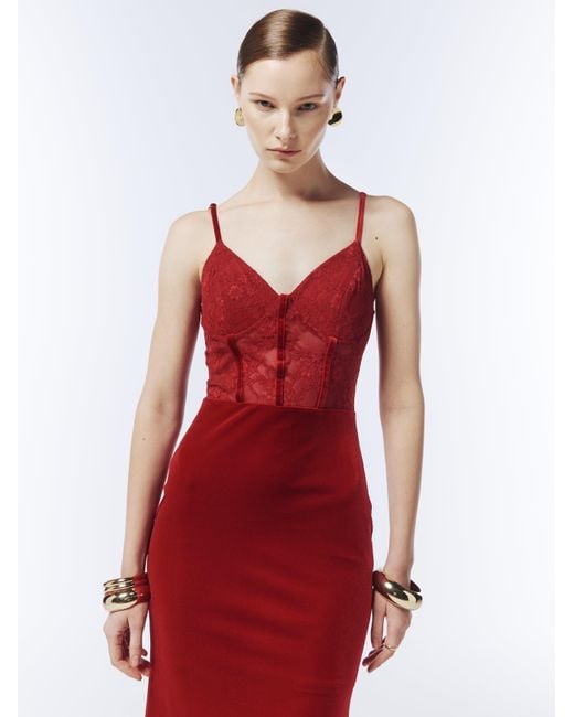 Sour Figs Red Sheer Lace Corset Velvet Maxi Dress
