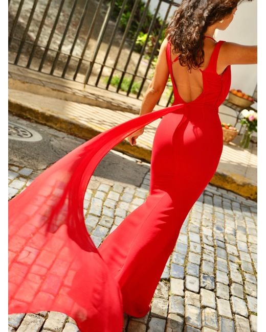 Miss Circle New York Red Ulanda Chiffon Lace Backless Maxi Train Dress