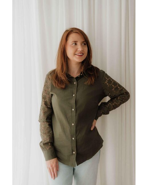 Sophie Cameron Davies Green Khaki Lace Sleeve Cotton Shirt