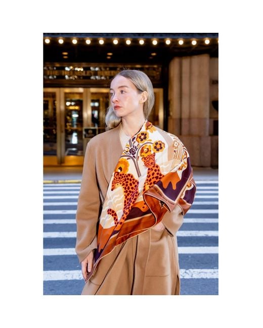 Jessie Zhao New York Metallic Neutrals Double Sided Wool Silk Scarf Of Leopards With Floral Fountain