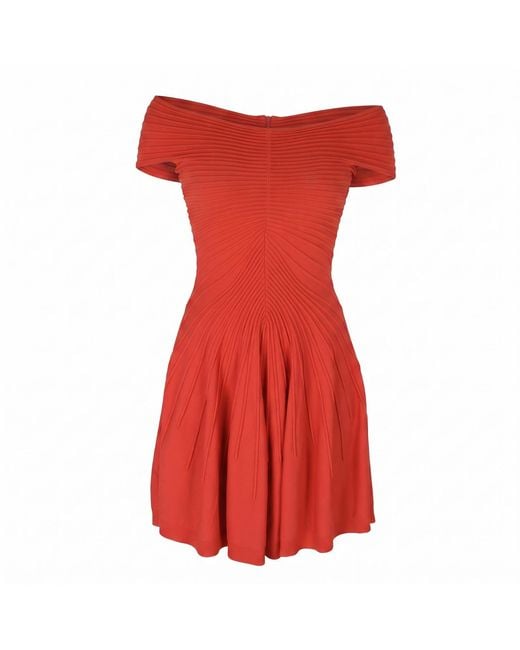 Modenaire Red Elegant Off-Shoulder Pleated Dress With A-Line Silhouette