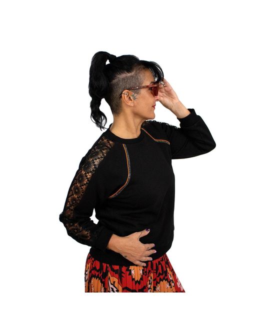 Lalipop Design Black Sweatshirt With Guipure Lace Raglan Sleeves