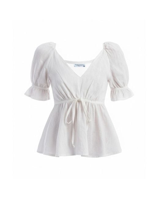 Haris Cotton White Linen Peplum Top With Puff Sleeves