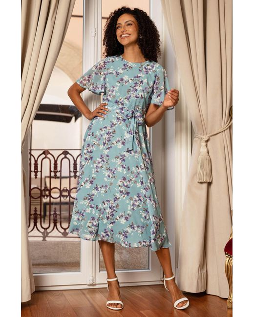 Yumi' Blue Blossom Skater Midi Dress With Angel Sleeves