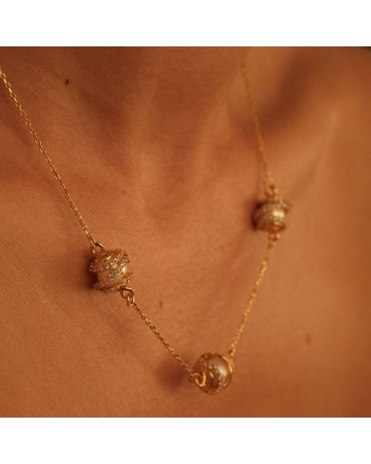 LINYA JEWELLERY Metallic Amour Triple Pearl Cage Chain Necklace