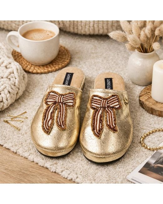 Laines London Natural Softie Slippers With & Pearl Beaded Stripe Bow Brooches