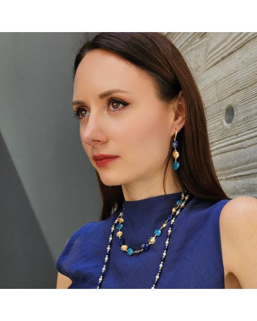 Farra Blue Heart-Shaped Lapis And Apatite Flower Dangle Earrings