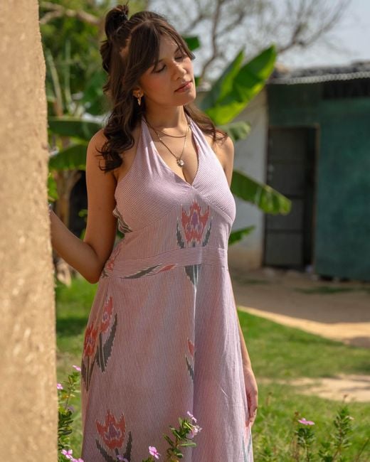 Charkha & Loom Pink Desert Rose Ikkat Midi Dress