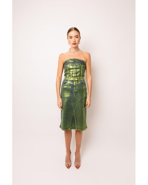 Amy Lynn Green Clara Denim Foil Coated Midi Skirt