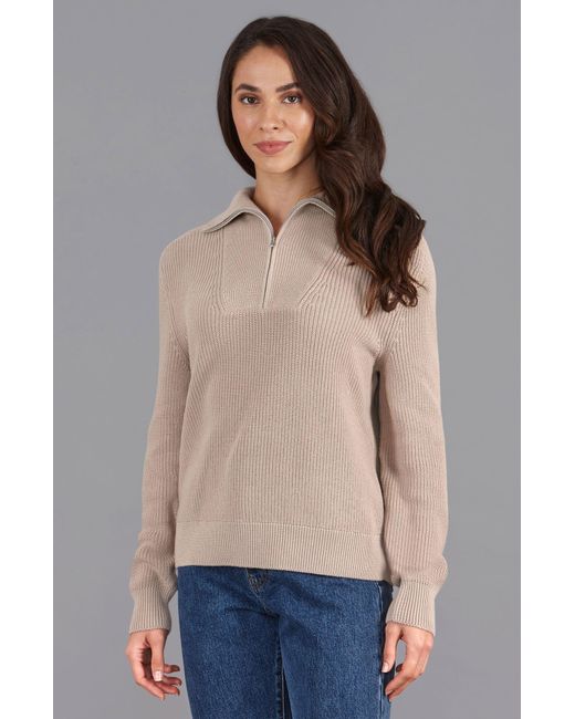 Paul James Knitwear Gray Neutrals Midweight Cotton Caitlyn Troyer Zip Neck Ribbed Jumper