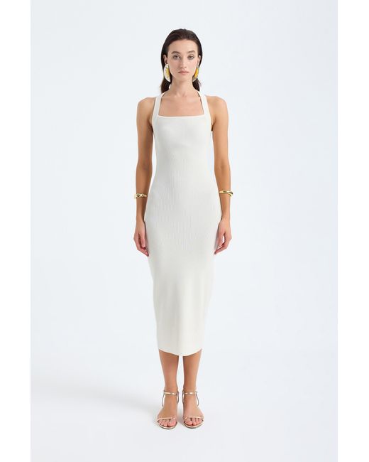 Monlicia White Azura Knit Crisscross Back Bodycon Midi Dress