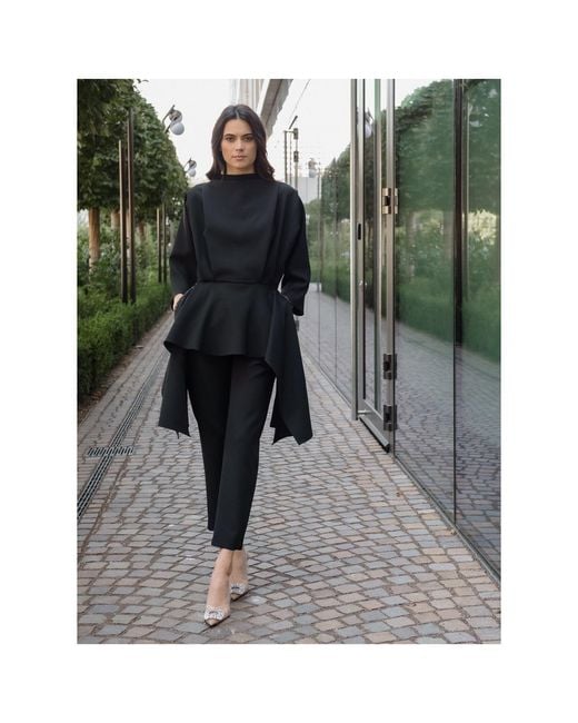 concept A trois Black Elegant Top With Peplum And Pleats With Sequined Details