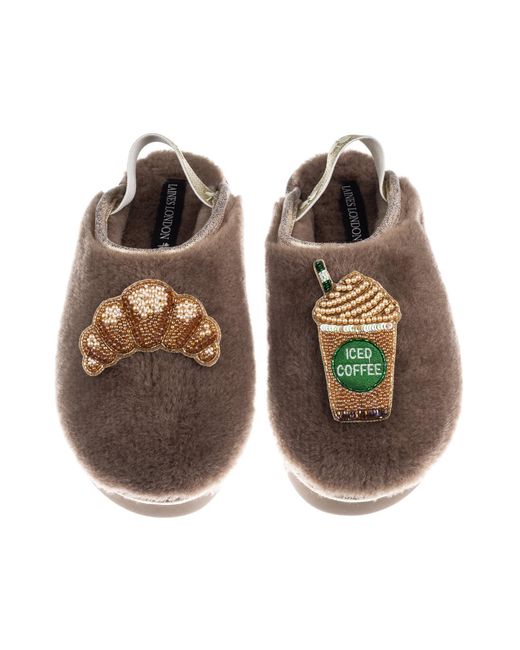 Laines London Brown Neutrals Flatform Cloud Closed Toe Slippers With Iced Coffee & Croissant Brooches