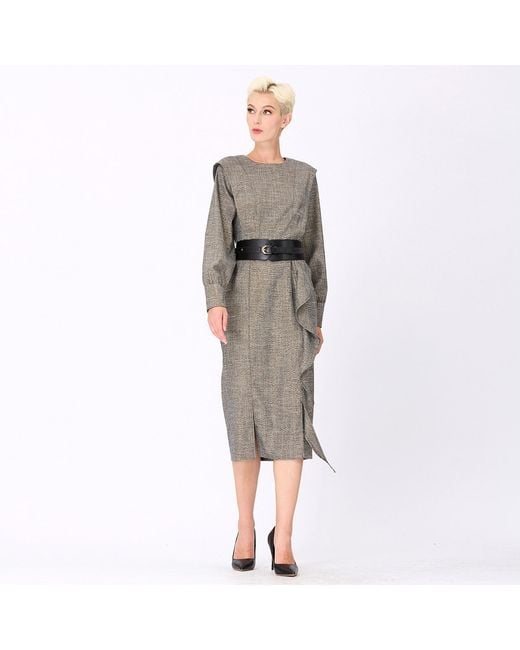 Smart and Joy Gray Tailor Dress With Wide Shoulder And Vertical Ruffle