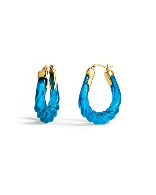 Gold & Honey Blue Topaz Rope Twist Oval Lucite Birthstone Hoop Earrings