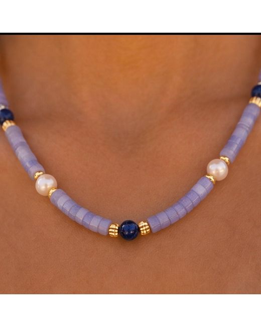 Ormiro Metallic Iris Agate, Lapis Lazuli & Pearl Necklace