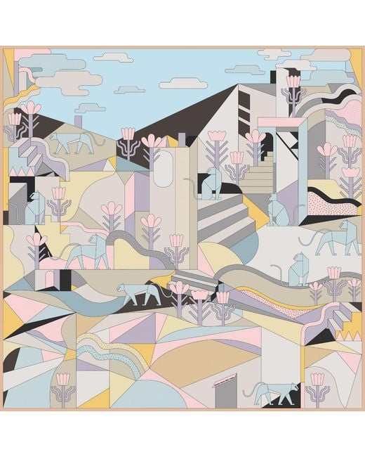 Jessie Zhao New York Blue Double Sided Silk Scarf Of Jungle Puzzle