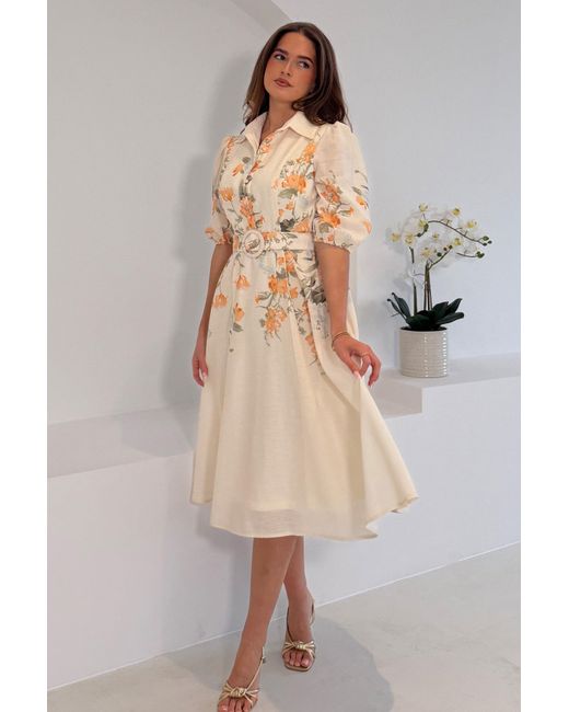 Girl In Mind Natural Renata Floral Boarder Print Print Midi Dress Cream