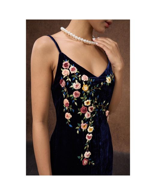 Silk and Bears Blue Hand-Embroidered Midnight Silk Velvet Evening Dress