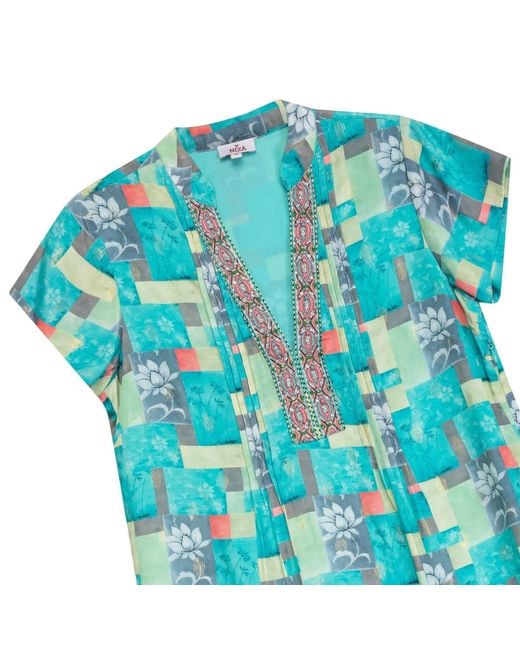 Niza Blue Romantic Blouse With Floral Print And Short Ruffled Sleeves