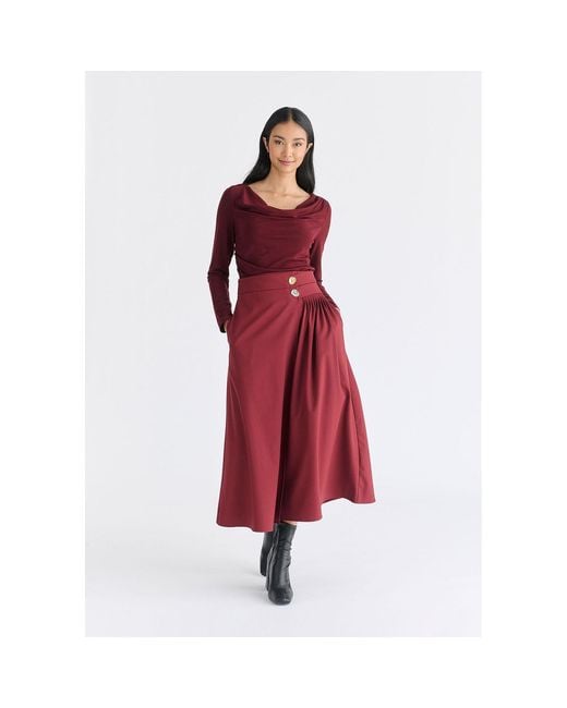 Paisie Red Wrap Midi Skirt With Pleated Detail
