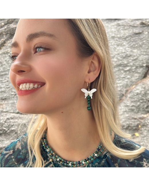 Farra Green Butterfly-Shaped Shell With Malachite Statement Earrings